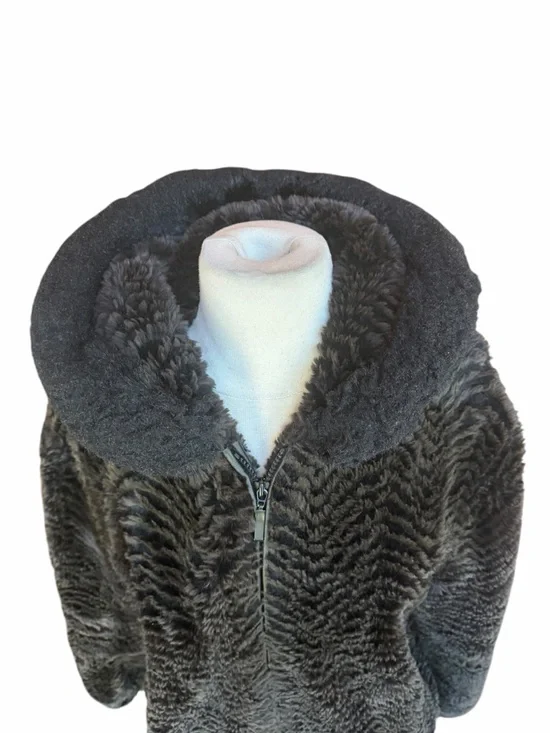 Late 90s/Early Y2K Gallery Plush Brown & Black Trim Faux Fur Hooded Lined Full Z - Picture 2 of 9